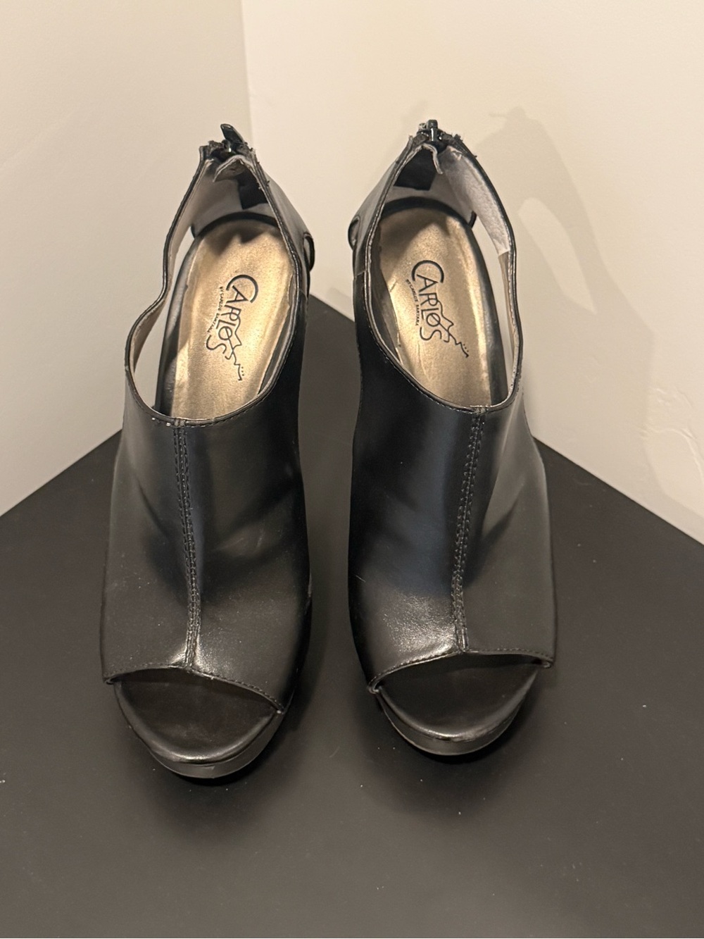 Carlos by Carlos Santana Black Peep-Toe Hollow Wedge with Gold Insole